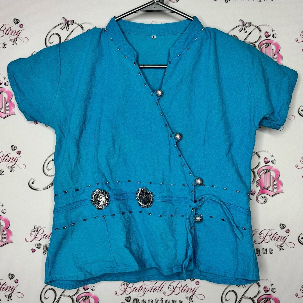 Wrap shirt Thailand elephants buttons silver wrap style Thai tshirt top blue